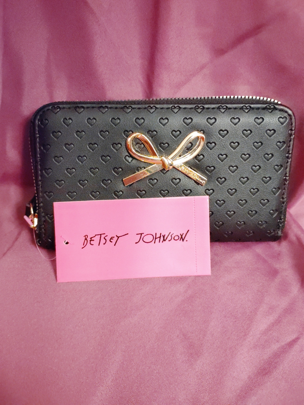 Betsey Johnson Black Heart-Embossed Zip Wallet with Gold Bow